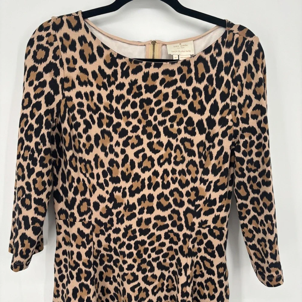 Kate Spade Leopard-print Ponte Dress Fit & Flare 3/4 Sleeves Brown Size 10